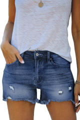 Dark Blue Distressed Ripped Denim Shorts with Pockets LC781604-5