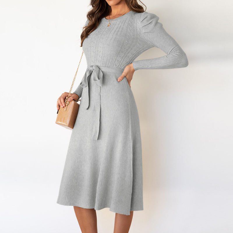 Grey Knitted Tie Waist Puff Sleeve Sweater Dress