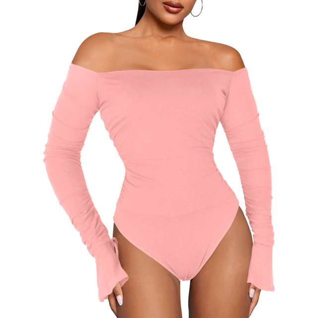 Pink Rib Off Shoulder Flare Long Sleeve Bodysuit TQV220159-10