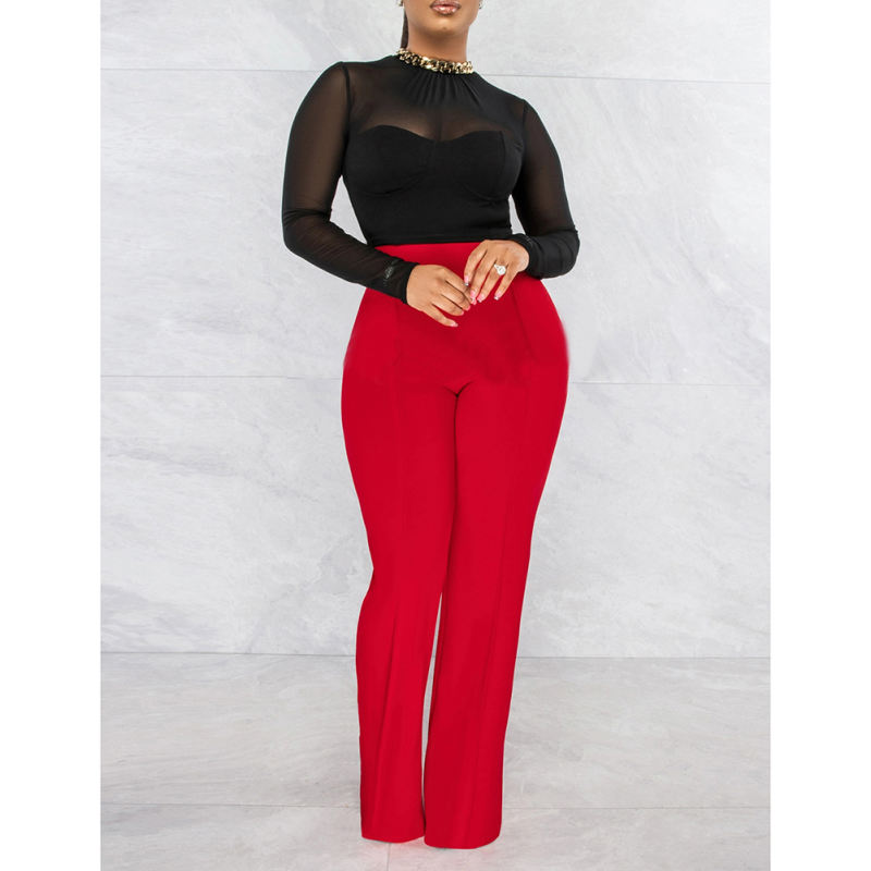 Red Back Zipper Straight Leg Pants TQV510001-3