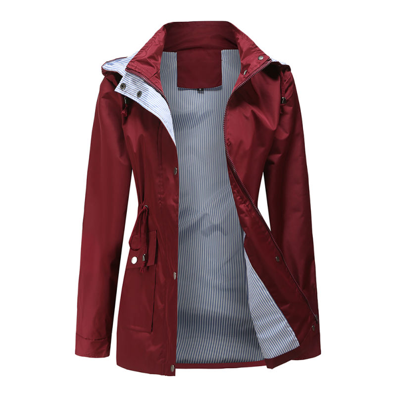 Wine Red Hooded Detachable Windproof Plus Size Windbreaker TQK280123-23