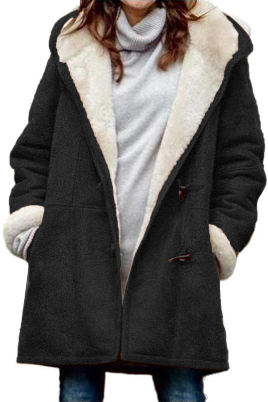 Black Long Sleeve Hooded Buttons Pockets Duffle Coat LC851918-2