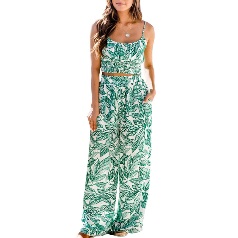Spaghetti Strap Crop Top with Wide Leg Pant Set TQG71002-1