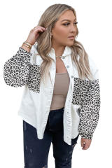 White Plus Size Leopard Splicing Button Denim Jacket LC851133-1