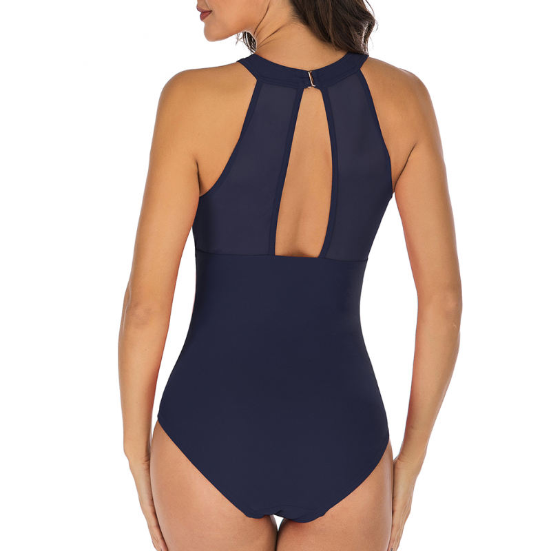Navy Blue Solid One Piece Swimsuit TQX620059-34