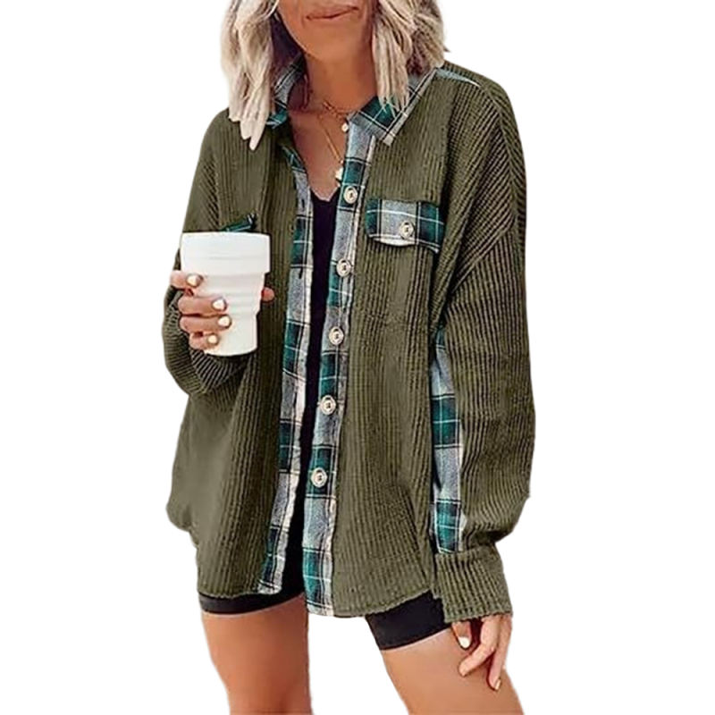 Army Green Spliced Plaid Detail Shirt Jacket with Pocket