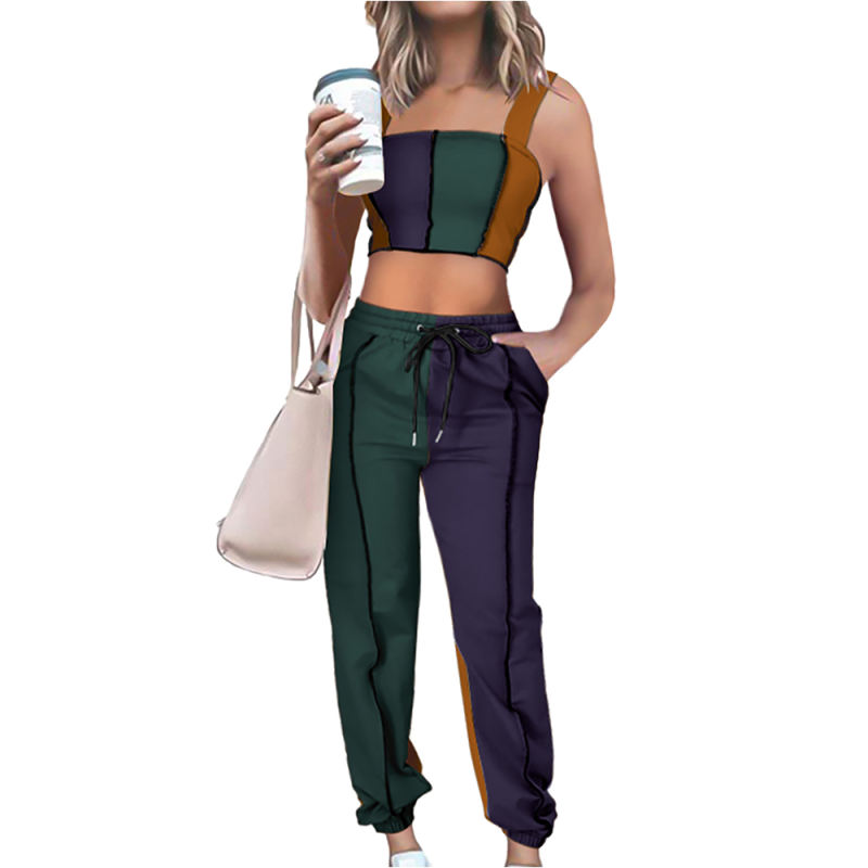 Dark Green Colorblock Crop Tank with Pant Set TQK710340-36