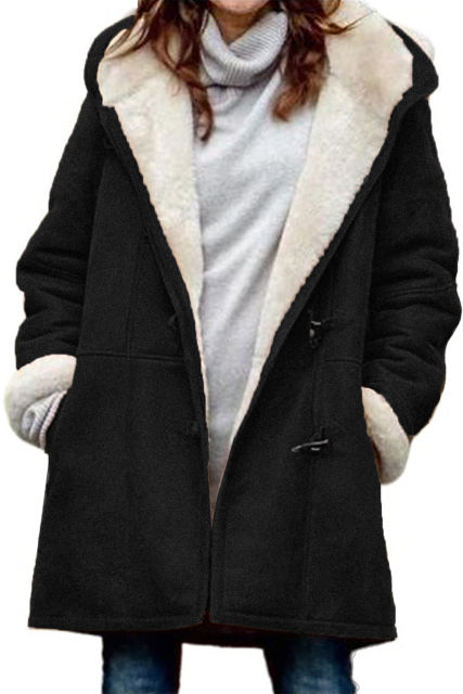 Black Fleece Suede Mid-length Hooded Coat LC8511335-2