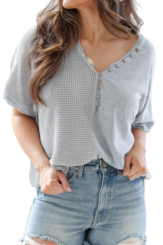 Gray Waffle Knit Patchwork Buttoned Short Sleeve Top LC25119197-11