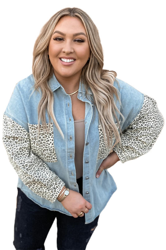 Sky Blue Plus Size Leopard Splicing Button Denim Jacket LC851133-4