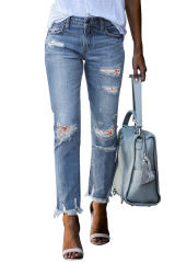 White Floral Print Patch Distressed Raw Hem Jeans LC781992-1