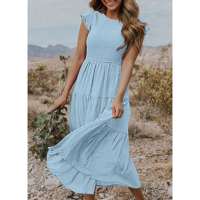 Light Blue Ruffled Sleeve Pleated Layered Casual Dress TQV310008-30