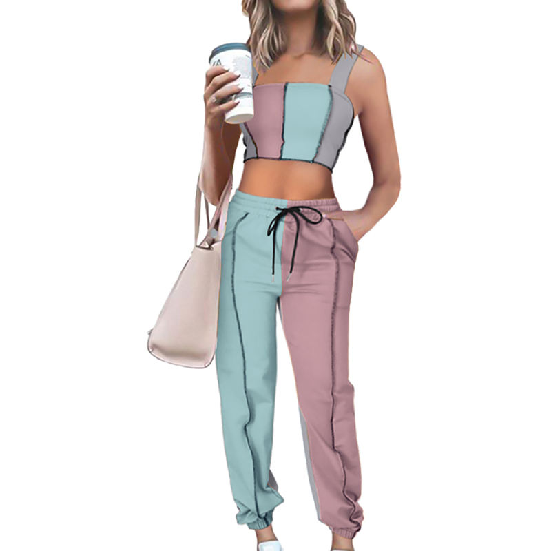 Pink Colorblock Crop Tank with Pant Set TQK710340-10