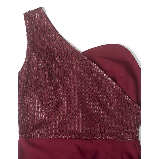 Wine Red Splicing Sequined One-shoulder Plus Size Evening Dress TQK311030-23