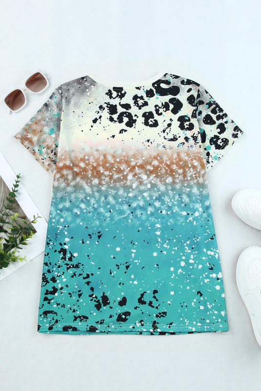 Sky Blue Leopard Tie-dye Bleached T-shirt LC25219912-4