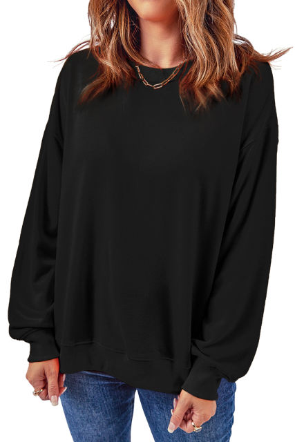 Black Plain Crew Neck Pullover Sweatshirt