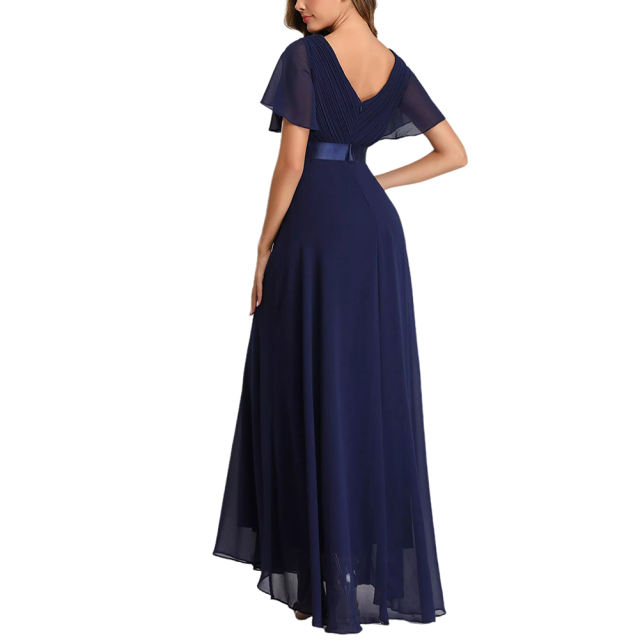 Navy Blue V Neck High Waist Swing Bridesmaid Dress TQK311075-34