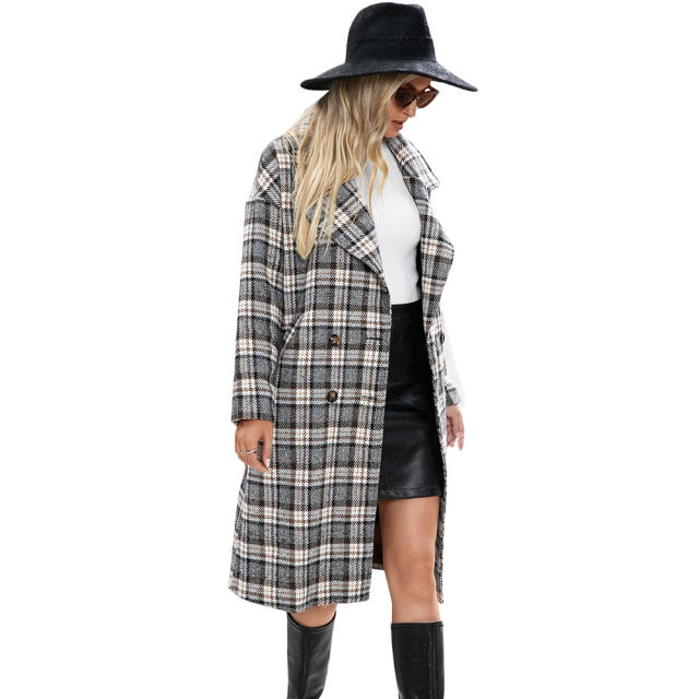 Yellow Plaid Double Breasted Woolen Long Coat TQK280115-7