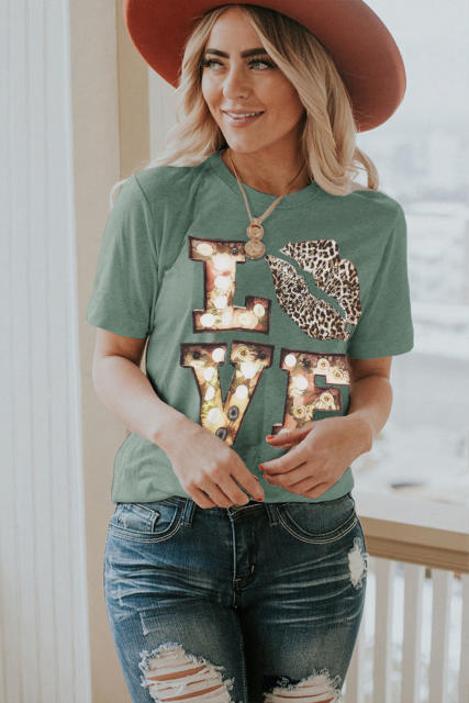 Green Crew Neck Cartoon Letter Print Valentine Tee LC2522121-9