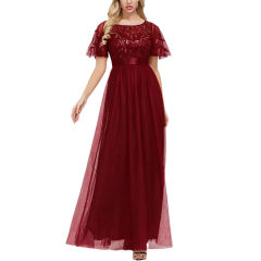 Burgundy Embroidery Sequined Mesh High Waist Evening Dress TQK311076-23