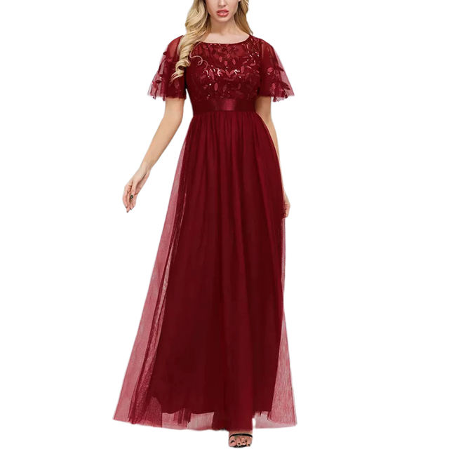 Burgundy Embroidery Sequined Mesh High Waist Evening Dress TQK311076-23