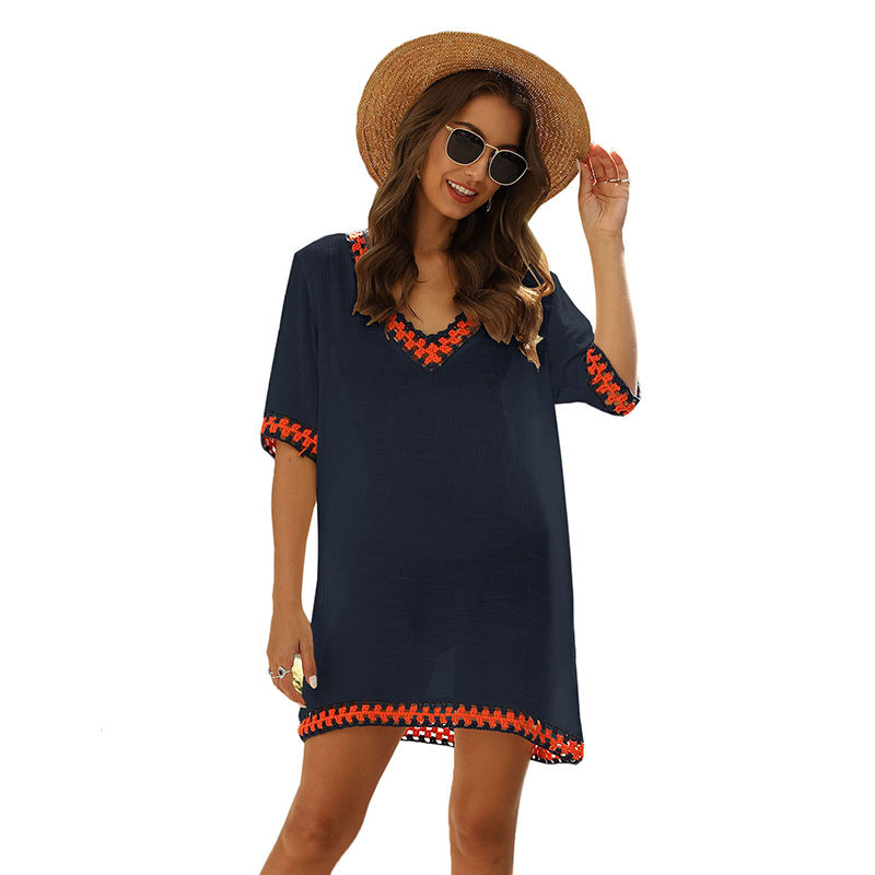 Navy Blue Crochet Detail Beach Cover Dress TQK650063-34