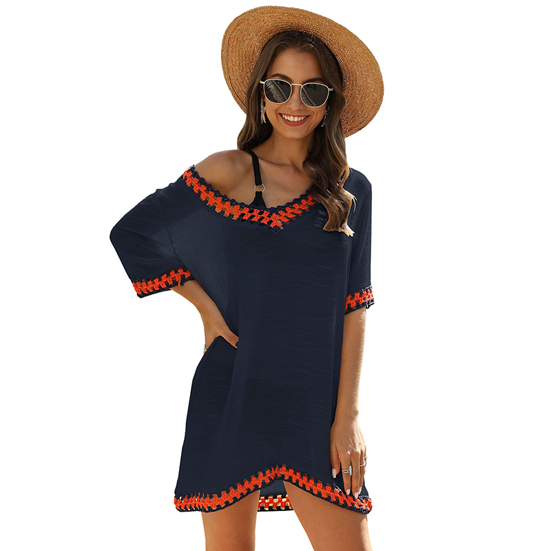 Navy Blue Crochet Detail Beach Cover Dress TQK65006334