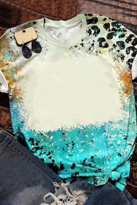 Sky Blue Leopard Tie-dye Bleached T-shirt LC25219912-4