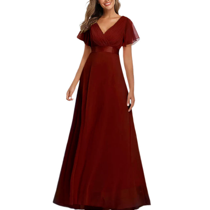 Burgundy V Neck High Waist Swing Bridesmaid Dress TQK311075-23