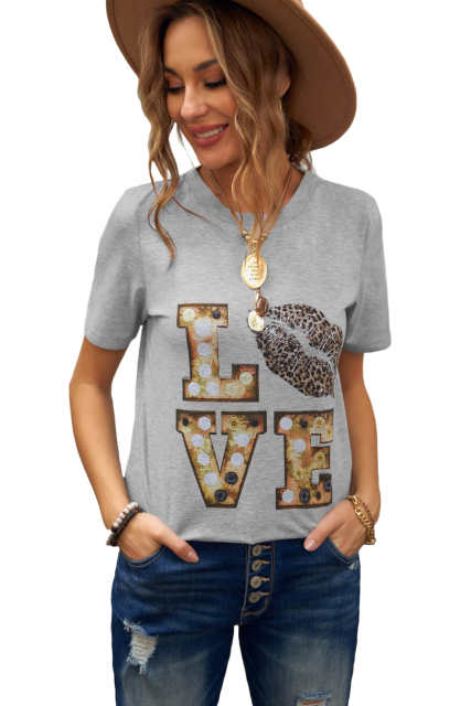 Gray Crew Neck Cartoon Letter Print Valentine Tee LC2522121-11
