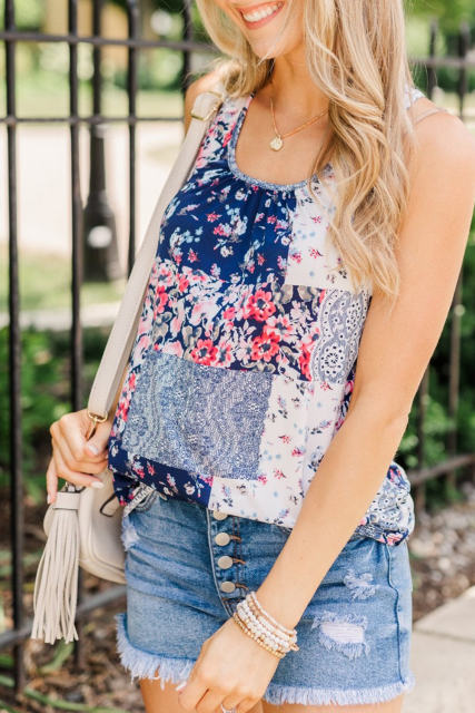 Blue Floral Racerback Tank Top LC2566044-5