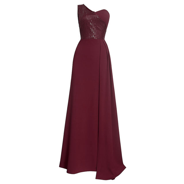 Wine Red Splicing Sequined One-shoulder Plus Size Evening Dress TQK311030-23