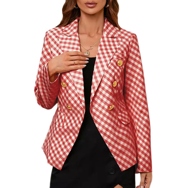 Red Double Breasted Slim Fit Plaid Print Blazer TQK260063-3