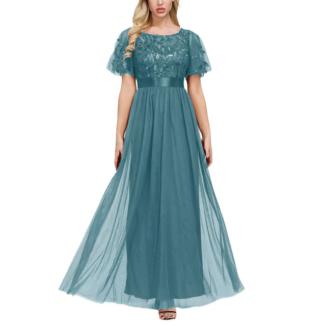 Blue-green  Embroidery Sequined Mesh High Waist Evening Dress TQK311076-45
