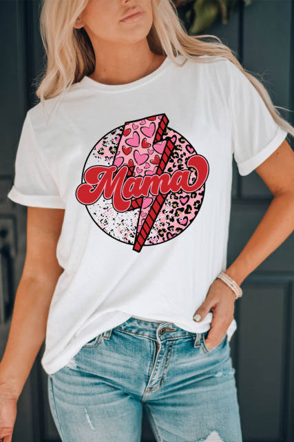 White MAMA Heart Leopard Lightning Print Graphic Tee LC25220381-1