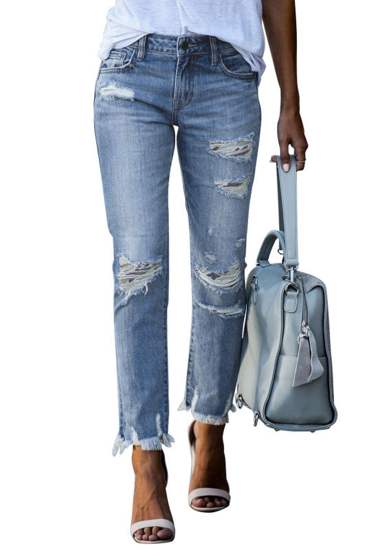 Camo Print Patch Distressed Raw Hem Jeans LC781992-9