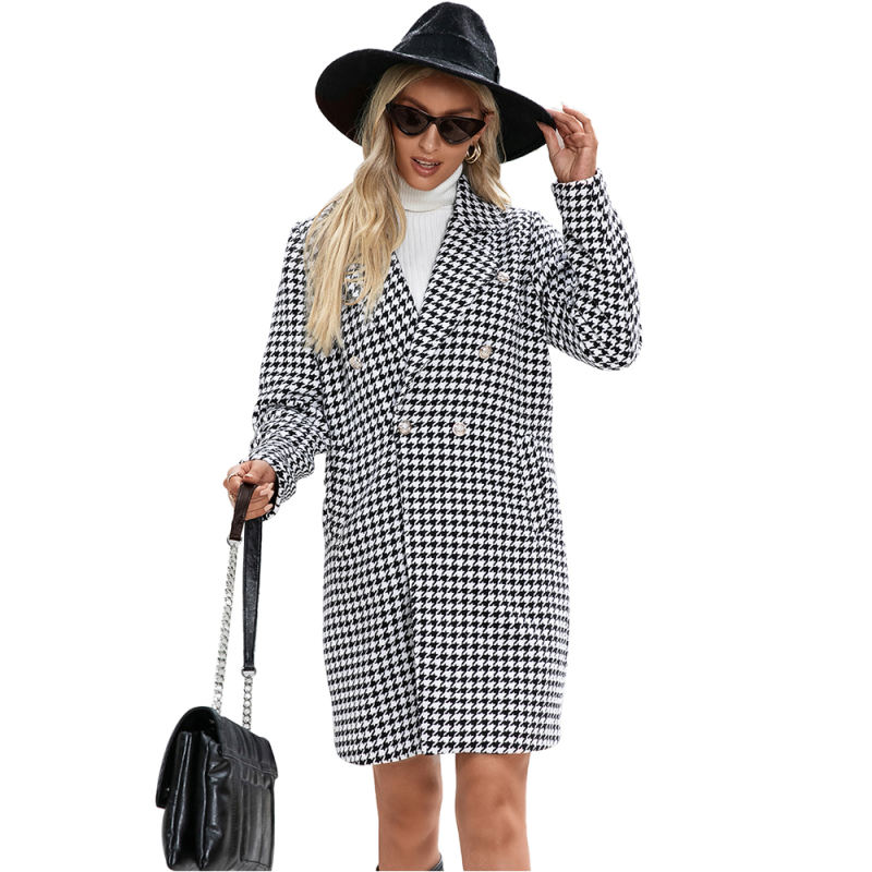 White Houndstooth Double Breasted Woolen Long Coat TQK280116-1