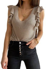 Khaki Cascading Ruffles Knit Tank Top LC256946-16