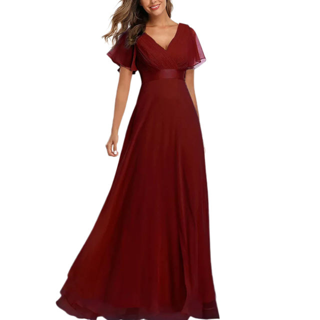 Burgundy V Neck High Waist Swing Bridesmaid Dress TQK311075-23