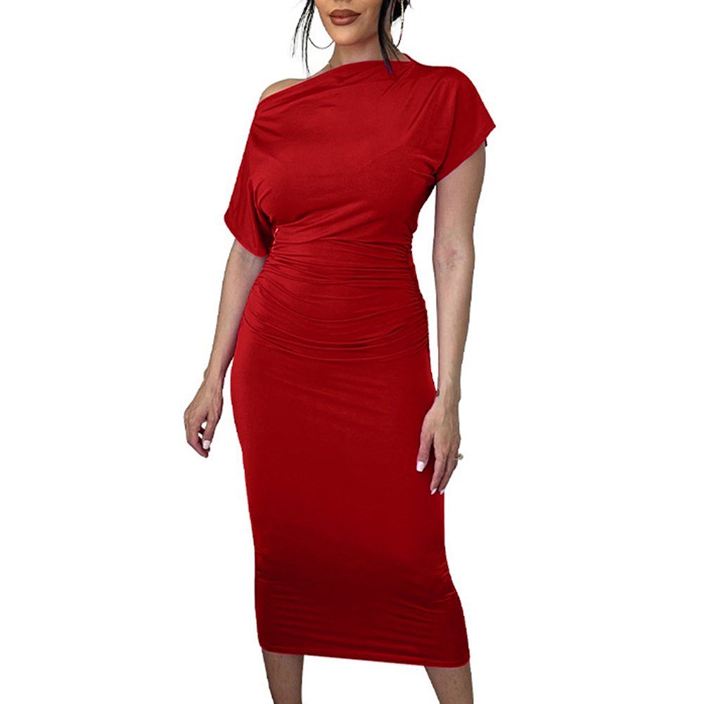 Red Solid Pleated Slim Fit Bodycon Dress TQK311099-3