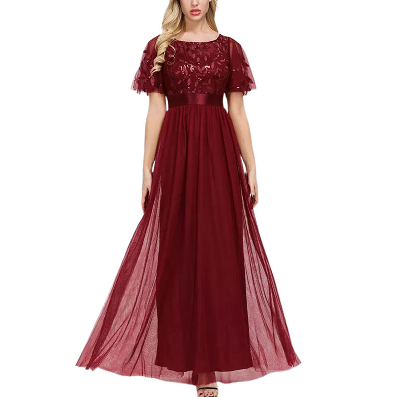 Burgundy Embroidery Sequined Mesh High Waist Evening Dress TQK311076-23