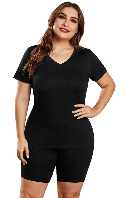 Black Plus Size V Neck T-shirt and Shorts Loungewear LC62129-2