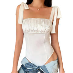 White Lace-up Spaghetti Straps Ruched Bodysuit TQX551116-1