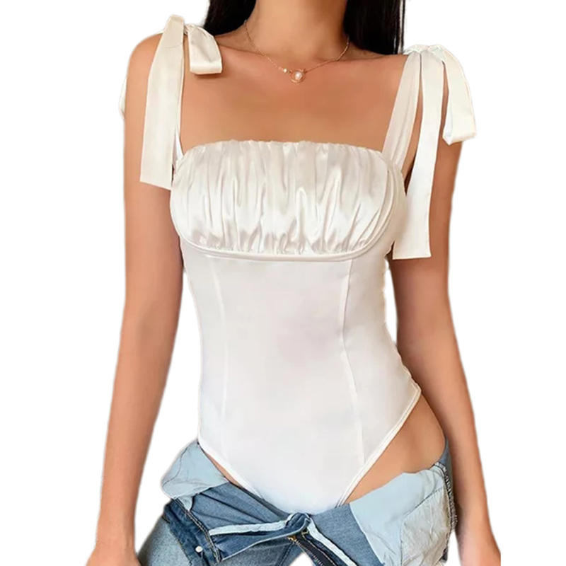 White Lace-up Spaghetti Straps Ruched Bodysuit TQX551116-1