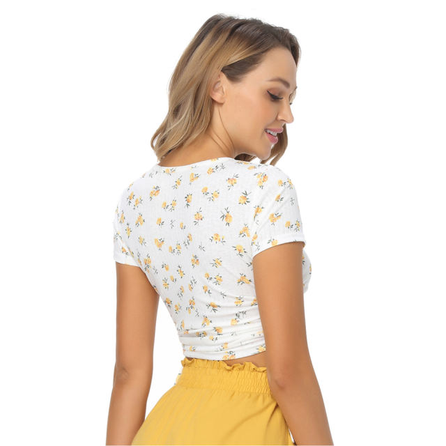 Light Yellow Sides Drawstring Short Sleeve Crop Top TQK210630-42