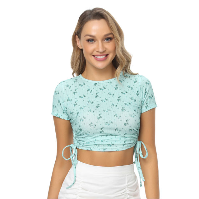 Light Green Sides Drawstring Short Sleeve Crop Top TQK210630-28