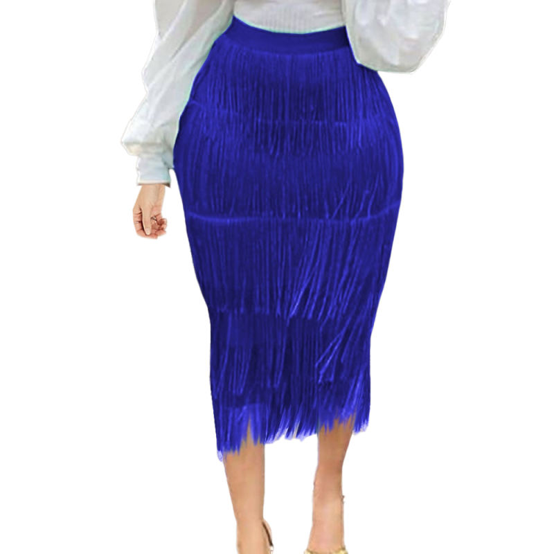 Blue High Waist Slim Fit Tassel Pencil Skirt