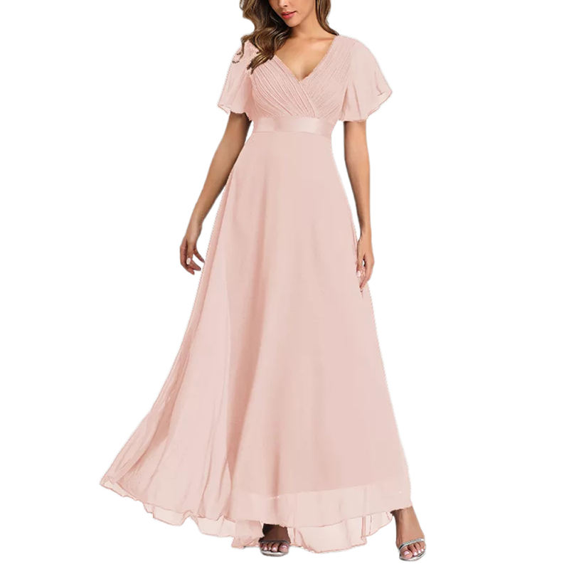 Pink V Neck High Waist Swing Bridesmaid Dress TQK311075-10