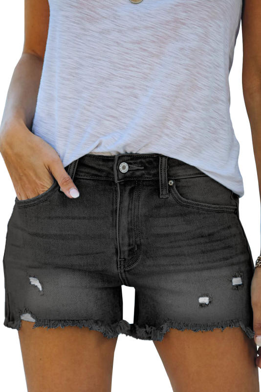 Black Distressed Ripped Denim Shorts with Pockets LC781604-2