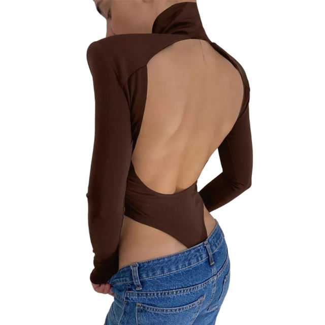 Coffe Open Back High Neck Long Sleeve Bodysuit TQV220149-15